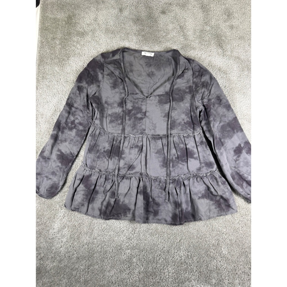 Beachlunchlounge Gray Tie Dye Tiered Babydoll Blouse V-Neck Long Sleeve Top M